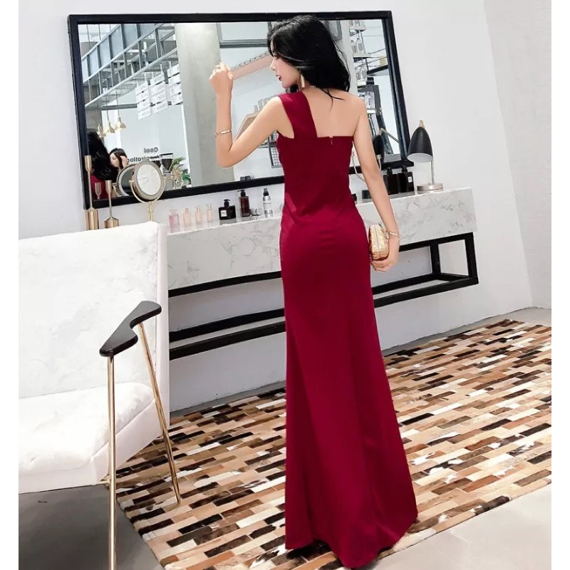 ❤️藍.黑.紅SML 氣質 性感 露背 單肩 修身 包臀 連衣裙 長裙 主持人 禮服 伴娘 晚禮服 洋裝 開叉-細節圖4