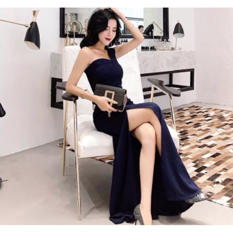 ❤️藍.黑.紅SML 氣質 性感 露背 單肩 修身 包臀 連衣裙 長裙 主持人 禮服 伴娘 晚禮服 洋裝 開叉-細節圖6