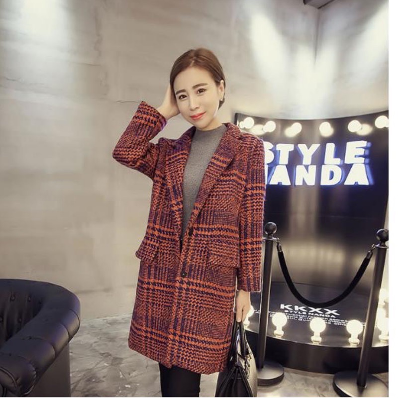*現貨在台 紅 韓版 大衣 毛尼格子 外套 大外套 厚外套 保暖 氣質 名媛 必備 格子外套 大衣 顯瘦-細節圖2