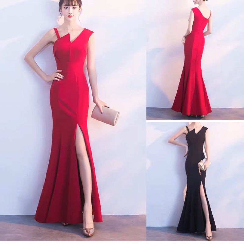 ❤️現貨在台，藍M(S-L) 高貴 優雅 新娘 敬酒服 主持人 禮服 斜領 吊帶  單肩 顯瘦 開叉 魚尾 長裙 連衣裙-細節圖2