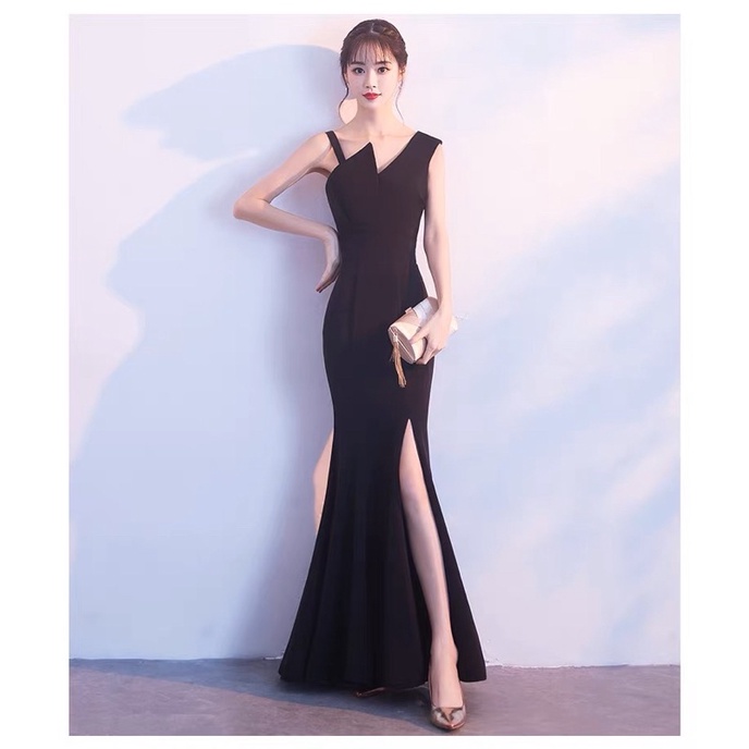 ❤️現貨在台，藍M(S-L) 高貴 優雅 新娘 敬酒服 主持人 禮服 斜領 吊帶  單肩 顯瘦 開叉 魚尾 長裙 連衣裙-細節圖3