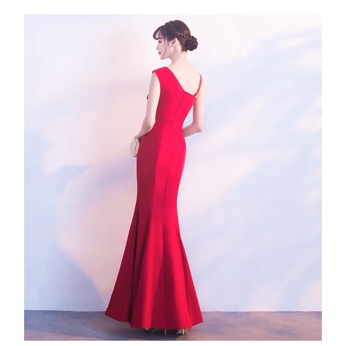 ❤️現貨在台，藍M(S-L) 高貴 優雅 新娘 敬酒服 主持人 禮服 斜領 吊帶  單肩 顯瘦 開叉 魚尾 長裙 連衣裙-細節圖4