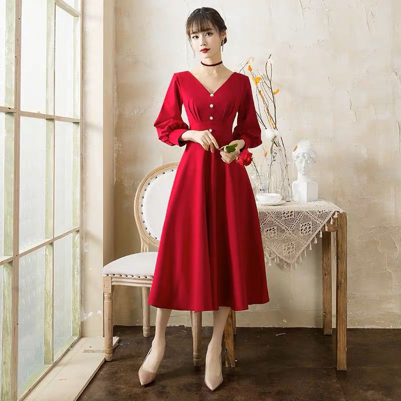 🌟心儀 現貨在台，黑L(S-L) 敬酒服 禮服 洋裝 氣質 v領 酒紅色 結婚 訂婚 回門 連衣裙 新娘 長裙 洋裝-細節圖2