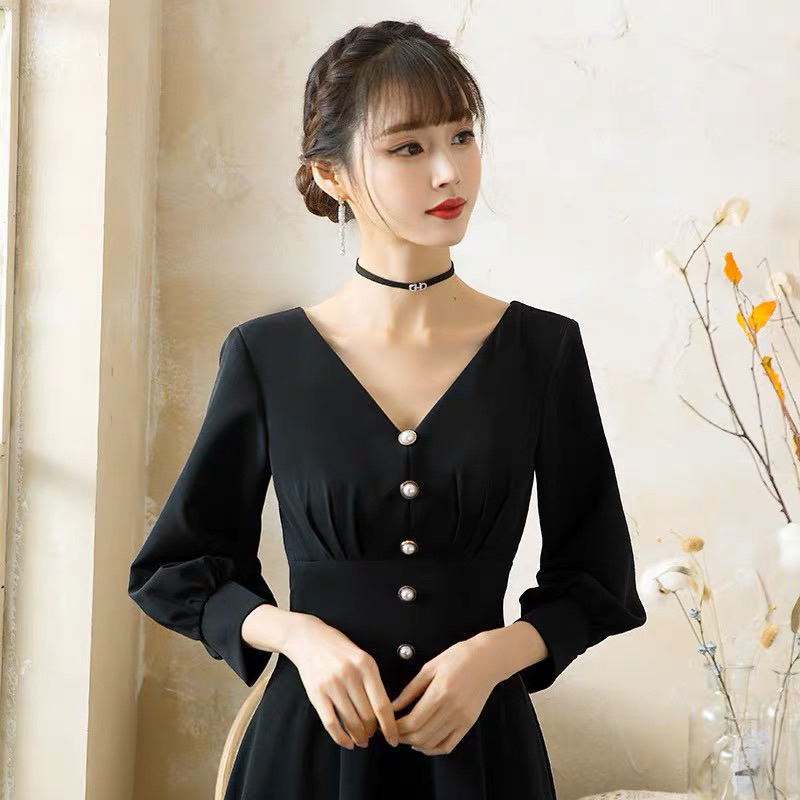 🌟心儀 現貨在台，黑L(S-L) 敬酒服 禮服 洋裝 氣質 v領 酒紅色 結婚 訂婚 回門 連衣裙 新娘 長裙 洋裝-細節圖4