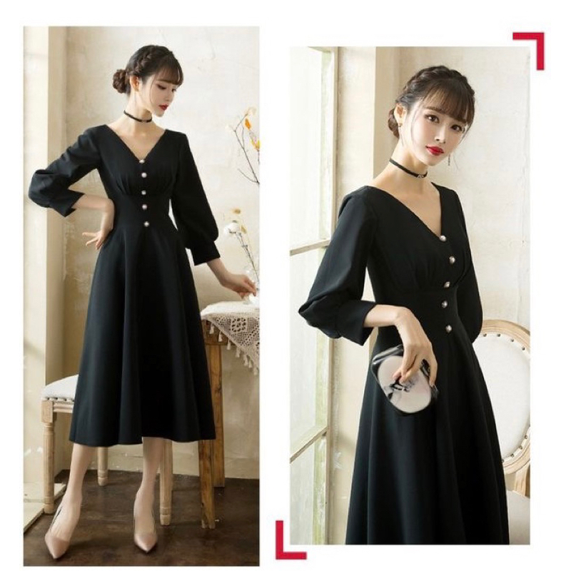 🌟心儀 現貨在台，黑L(S-L) 敬酒服 禮服 洋裝 氣質 v領 酒紅色 結婚 訂婚 回門 連衣裙 新娘 長裙 洋裝-細節圖6