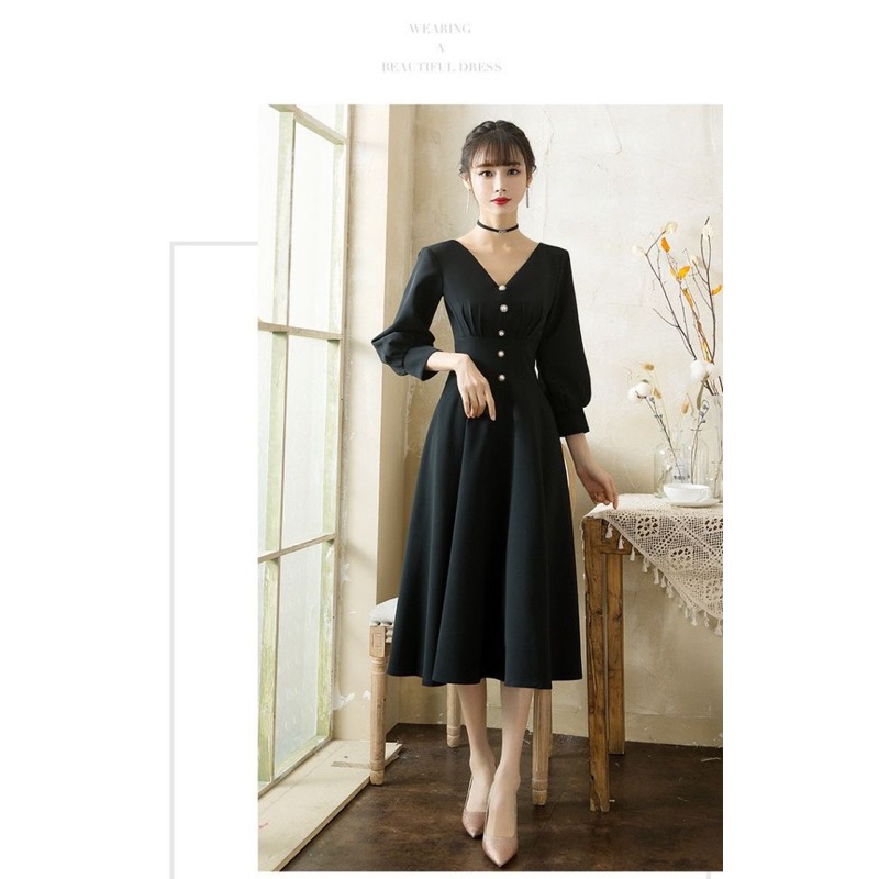 🌟心儀 現貨在台，黑L(S-L) 敬酒服 禮服 洋裝 氣質 v領 酒紅色 結婚 訂婚 回門 連衣裙 新娘 長裙 洋裝-細節圖7