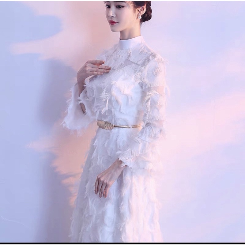 ❤️現貨在台，白色 長裙S中長裙S.M 中大尺碼 羽毛 禮服 長袖 中長款 高質感 洋裝 伴娘 生日 飄逸-細節圖2