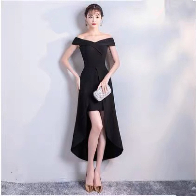 🌟心儀 現貨在台，黑S酒紅M 晚宴 禮服 新娘 敬酒服 一字領 美肩 前短後長 露肩 顯瘦 中長款 連衣裙 洋裝 禮服-細節圖3