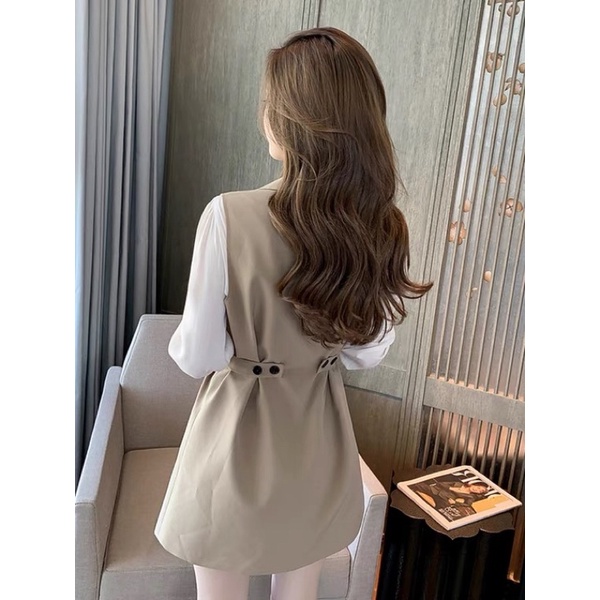 ❤️現貨在台，卡其L，2件組(S- XL) 中大尺碼 小個子 氣質 輕熟 馬甲 開襟 背心 + 長袖 襯衫 上衣 套裝-細節圖4