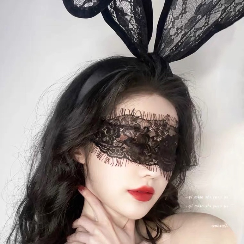 ❤️現貨在台，2件組 性感 女神 兔耳朵 兔女郎 蕾絲 面罩 眼罩 黑色 面紗 面具 髮框 發箍 眼罩 套裝 拍照 造型-細節圖2