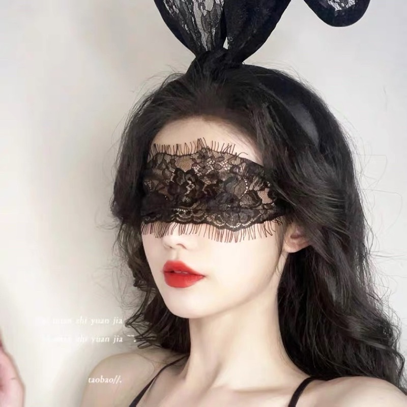 ❤️現貨在台，2件組 性感 女神 兔耳朵 兔女郎 蕾絲 面罩 眼罩 黑色 面紗 面具 髮框 發箍 眼罩 套裝 拍照 造型-細節圖4