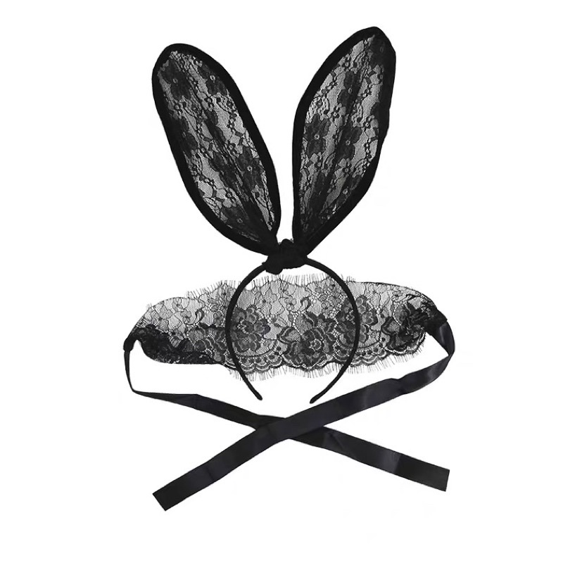 ❤️現貨在台，2件組 性感 女神 兔耳朵 兔女郎 蕾絲 面罩 眼罩 黑色 面紗 面具 髮框 發箍 眼罩 套裝 拍照 造型-細節圖5