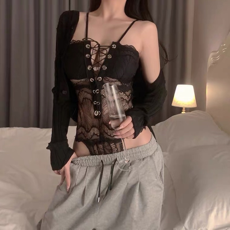 ❤️現貨在台，黑白，適合S.M 情趣 性感 蕾絲 女神 睡衣 角色扮演 連身褲 連體褲 吊帶 或 針織 長袖 開衫 上衣-細節圖3