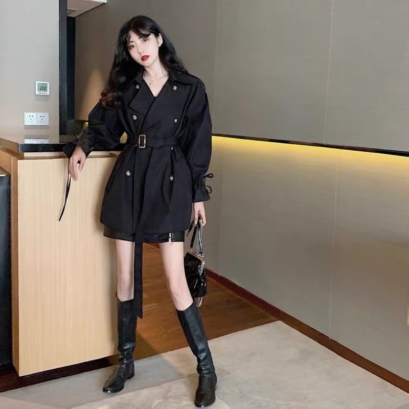 ❤️現貨在台，卡其.黑 帥氣 時尚 風衣 氣質 中長款 小個子 英倫風 收腰 外套-細節圖4