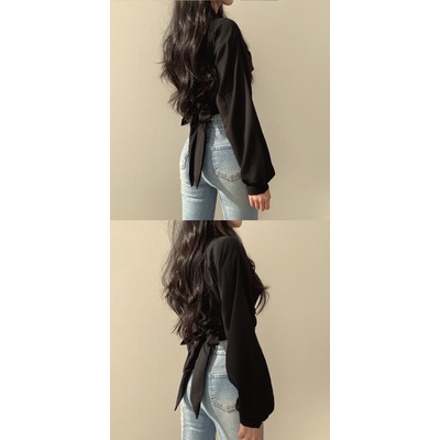 ❤️現貨在台，黑.灰.白 法式 性感 長袖 女神 夜店 表演服 小眾 設計感 後系帶 蝴蝶結 露肚臍 短版 襯衫 上衣-細節圖6