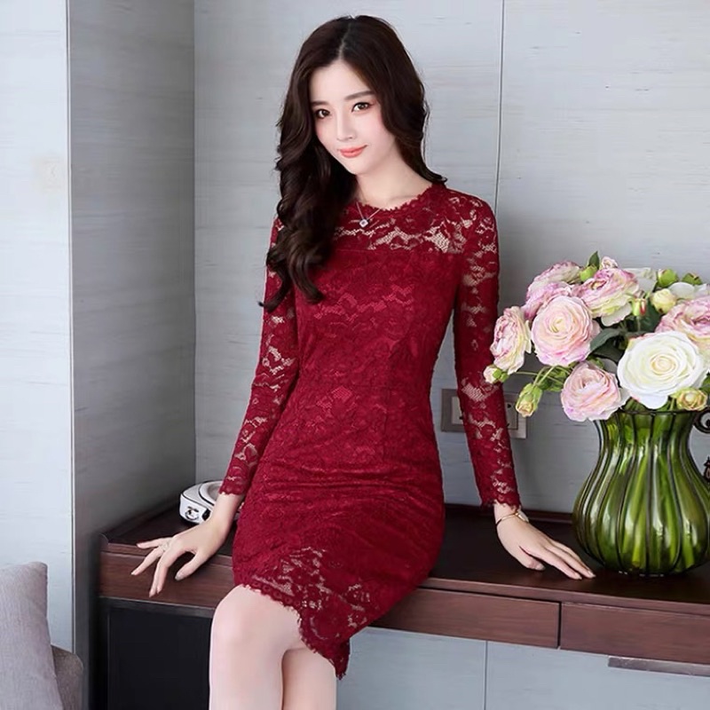 ❤️現貨在台，藍M- XL 女神 婚宴 中長款 優雅 長袖 圓領 修身 蕾絲 鈎花 包臀 成熟 連衣裙 洋裝 禮服-細節圖5