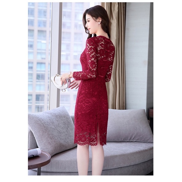 ❤️現貨在台，藍M- XL 女神 婚宴 中長款 優雅 長袖 圓領 修身 蕾絲 鈎花 包臀 成熟 連衣裙 洋裝 禮服-細節圖6