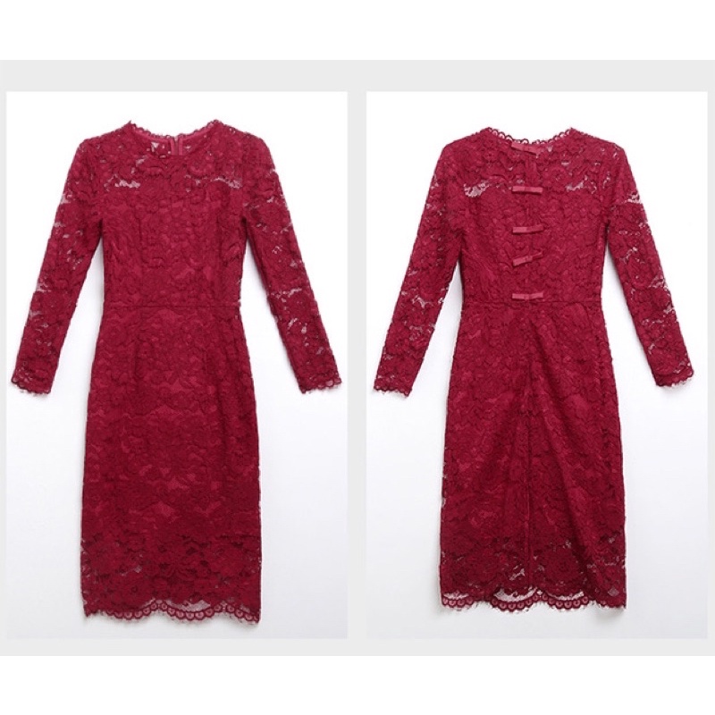 ❤️現貨在台，藍M- XL 女神 婚宴 中長款 優雅 長袖 圓領 修身 蕾絲 鈎花 包臀 成熟 連衣裙 洋裝 禮服-細節圖7