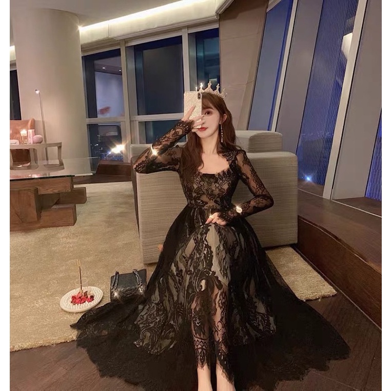 ❤️現貨在台，S.M.L.XL 性感 高質感 氣質 禮服 名媛長袖 仙女 生日 連衣裙 網紗 蕾絲 紗裙 長裙 禮服-細節圖3