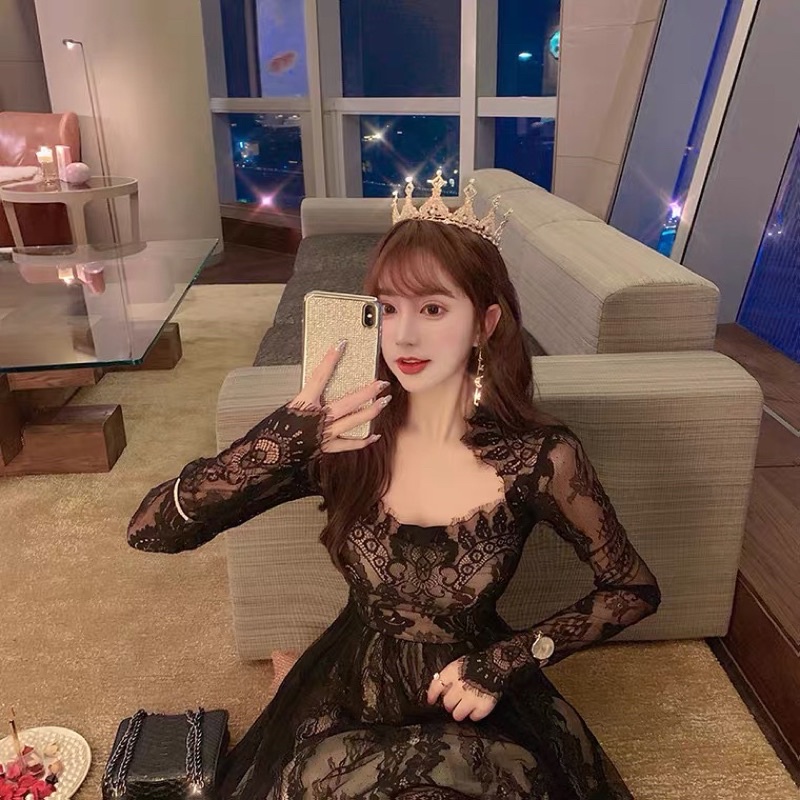 ❤️現貨在台，S.M.L.XL 性感 高質感 氣質 禮服 名媛長袖 仙女 生日 連衣裙 網紗 蕾絲 紗裙 長裙 禮服-細節圖4