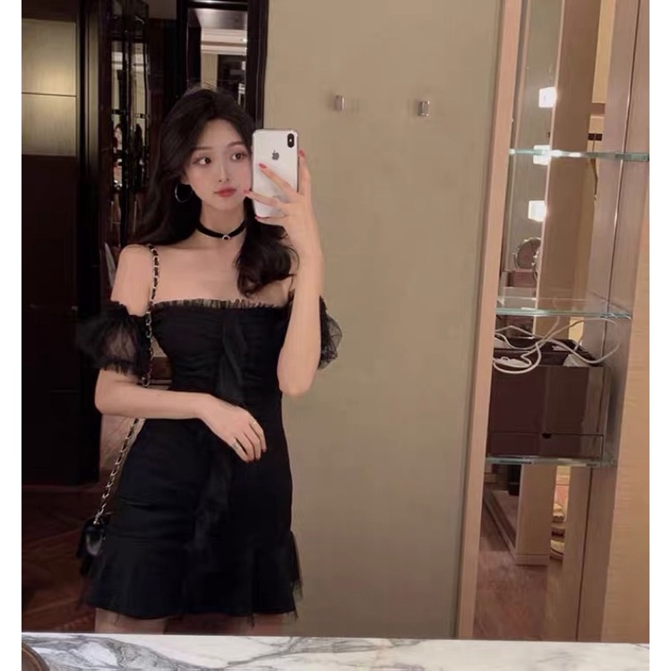 ❤️現貨在台，黑 修身 性感 女神 夜店 禮服 一字領 平口 拼接 露肩 網紗 連衣裙 氣質 收腰 顯瘦 露肩 小黑裙-細節圖4