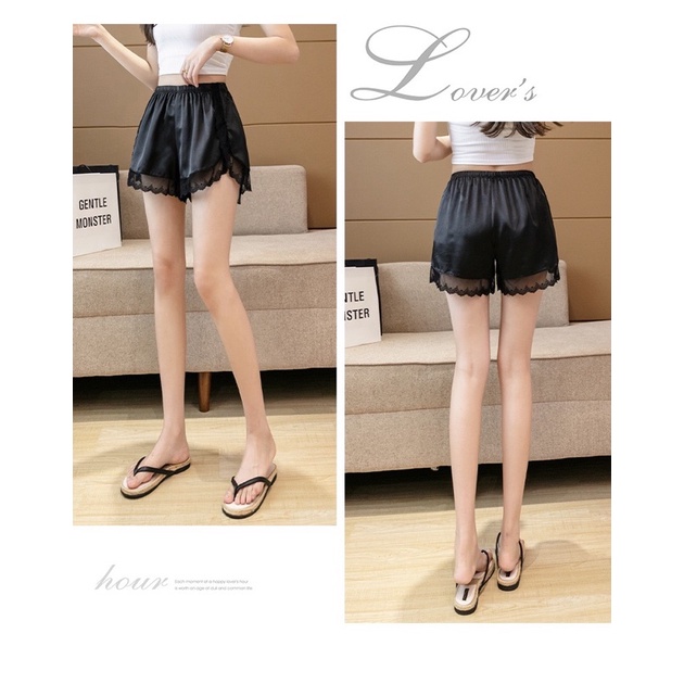 ❤️現貨在台，黑.白M- XL 冰絲 安全褲 防走光 不卷邊 可外穿 睡褲 薄款 蕾絲 寬鬆 打底褲 短褲 高質感 緞面-細節圖2