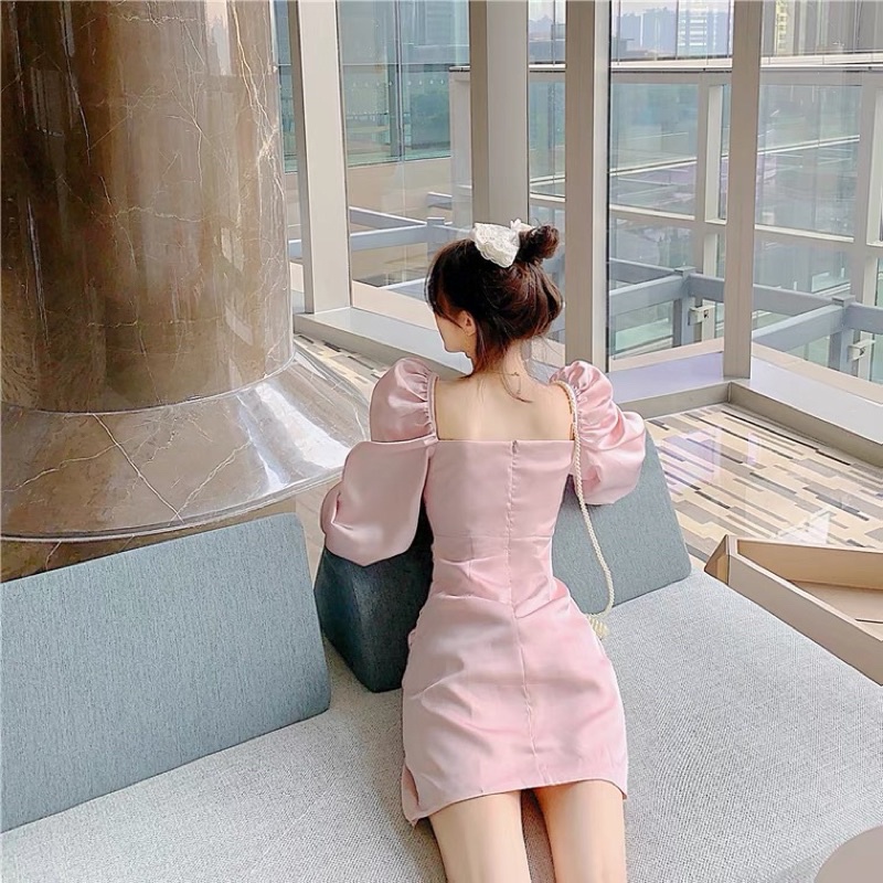 ❤️現貨在台，粉.黑.白 伴娘 禮服 少女 性感 宮廷風 泡泡袖 褶皺 緞面 連衣裙 開叉 包臀 洋裝 禮服 公主袖-細節圖2