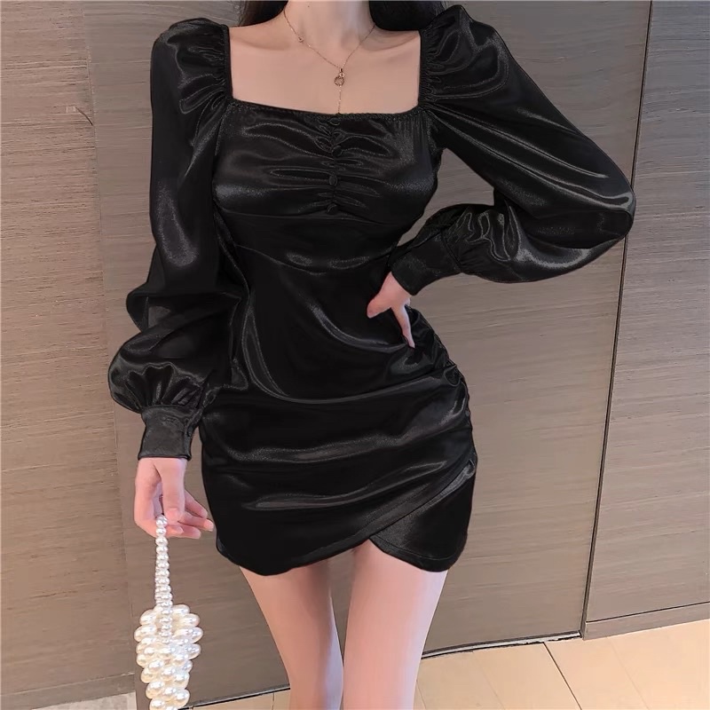 ❤️現貨在台，粉.黑.白 伴娘 禮服 少女 性感 宮廷風 泡泡袖 褶皺 緞面 連衣裙 開叉 包臀 洋裝 禮服 公主袖-細節圖8