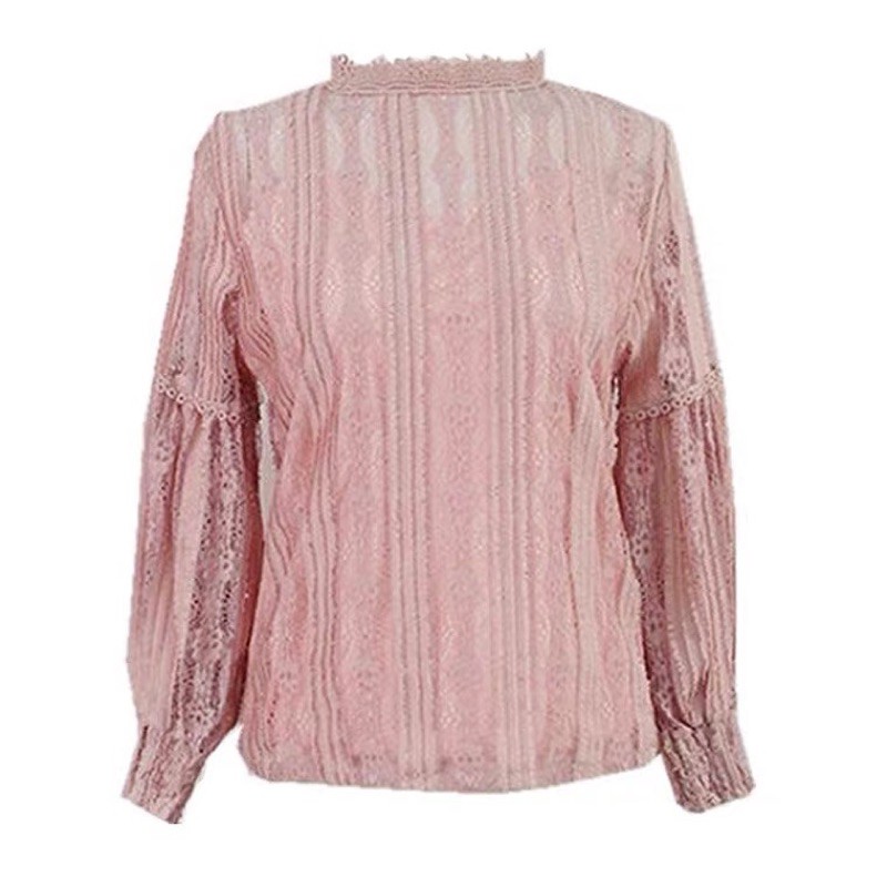 ❤️現貨在台，黑.杏 可愛 清新 女神 氣質 襯衫 OL 泡泡袖 設計感 蕾絲 襯衫 復古 鏤空 鈎花 長袖 百搭 上衣-細節圖5