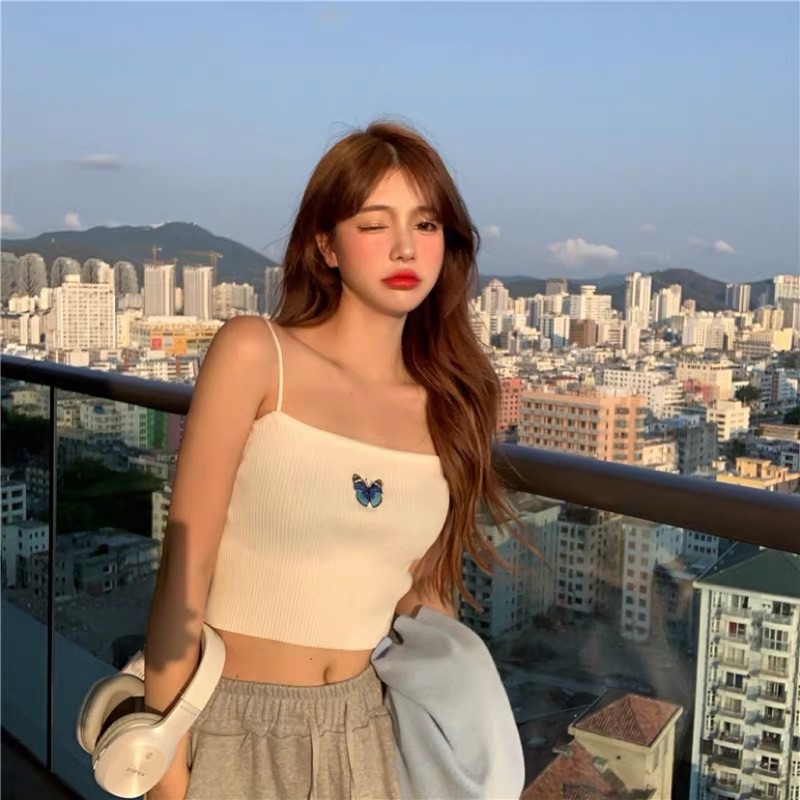 ❤️現貨在台，背心 性感 女神 防曬 藍色 針織 開襟 長袖 外套 或 短版 上衣 外搭 背心 小背心 蝴蝶 刺繡 露腰-細節圖2