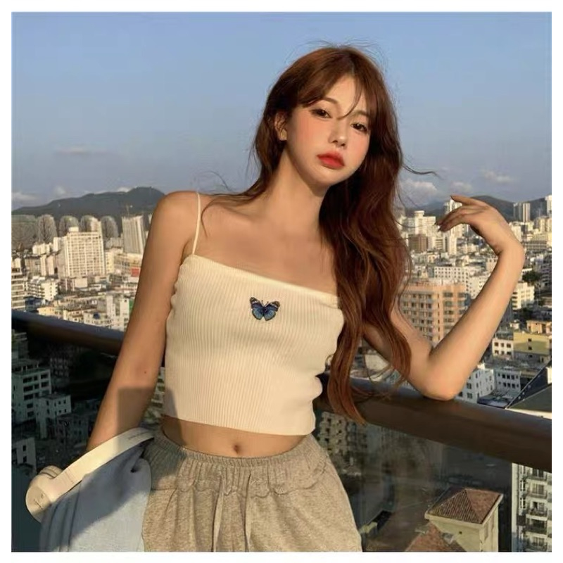 ❤️現貨在台，背心 性感 女神 防曬 藍色 針織 開襟 長袖 外套 或 短版 上衣 外搭 背心 小背心 蝴蝶 刺繡 露腰-細節圖4