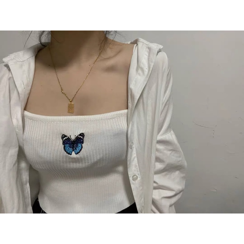 ❤️現貨在台，背心 性感 女神 防曬 藍色 針織 開襟 長袖 外套 或 短版 上衣 外搭 背心 小背心 蝴蝶 刺繡 露腰-細節圖7