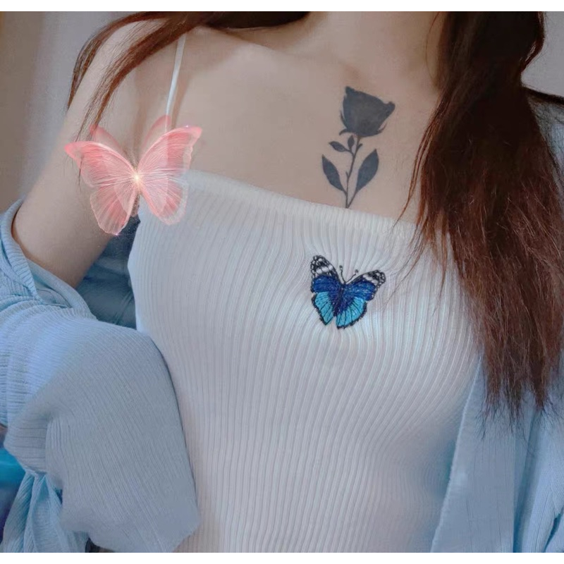 ❤️現貨在台，背心 性感 女神 防曬 藍色 針織 開襟 長袖 外套 或 短版 上衣 外搭 背心 小背心 蝴蝶 刺繡 露腰-細節圖9