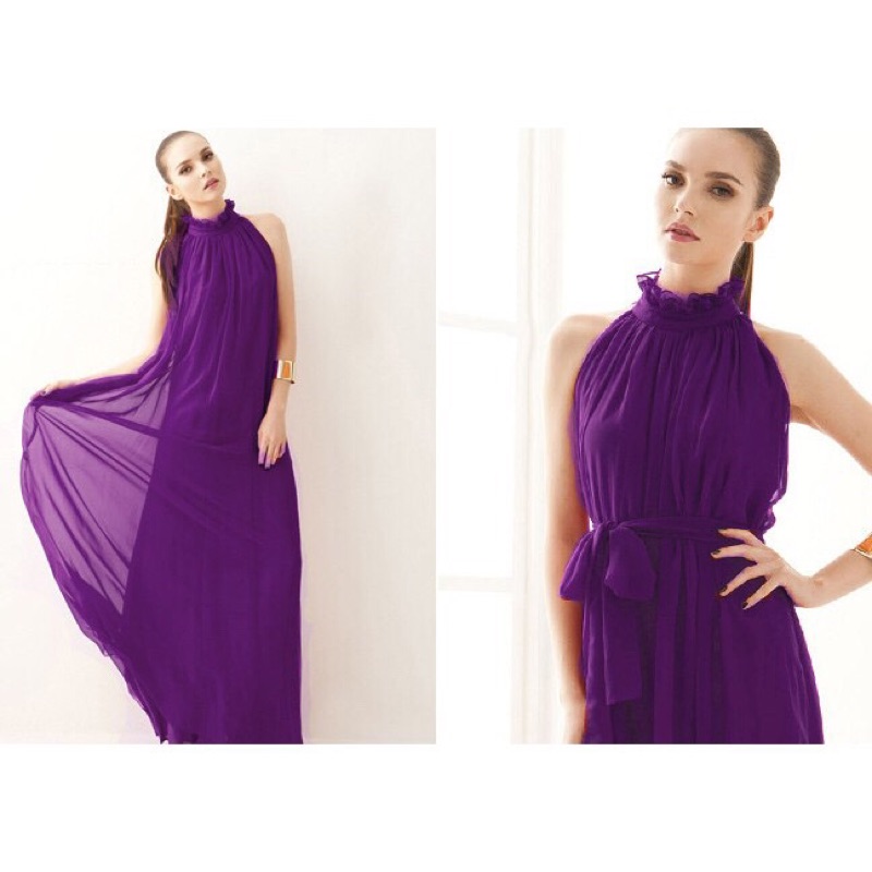 ❤️深藍.卡其.紫.西瓜紅.黑.綠 露肩 美肩 削肩 禮服 長裙 洋裝 長禮服 寬鬆 伴娘 雪紡 新娘-細節圖7