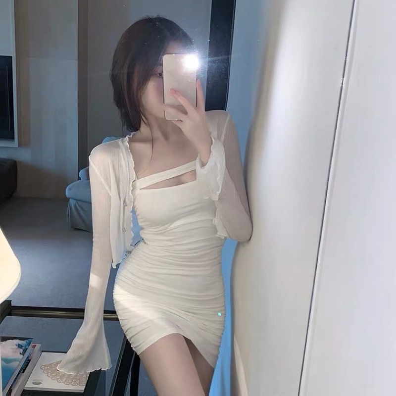 ❤️現貨在台，洋裝 白色 抹胸 吊帶 細肩帶 連衣裙 性感 露肩 緊身 包臀 氣質 洋裝 禮服 或 長袖 短版 小外套-細節圖2