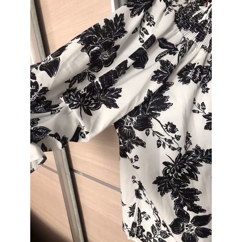 ❤️現貨在台 韓版 中大尺碼 一字領 露肩 五分袖 雪紡 寬鬆 水墨 印花 顯瘦 度假 出國 上衣 實穿-細節圖5