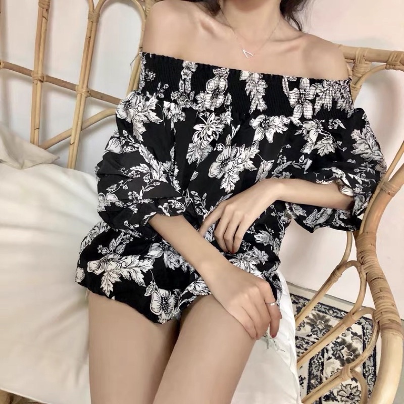 ❤️現貨在台 韓版 中大尺碼 一字領 露肩 五分袖 雪紡 寬鬆 水墨 印花 顯瘦 度假 出國 上衣 實穿-細節圖6