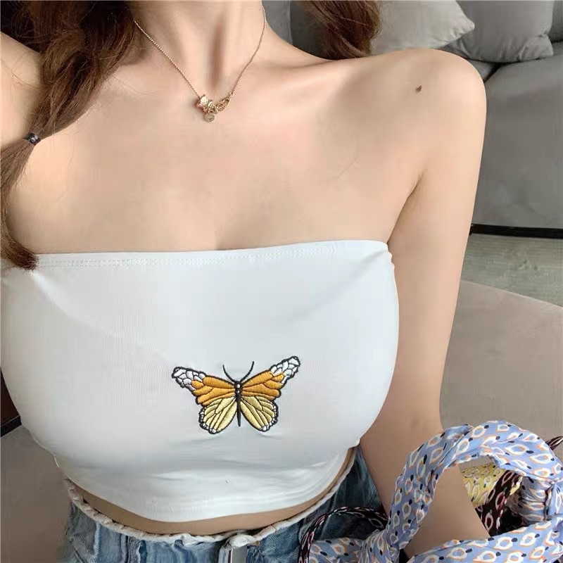 ❤️現貨在台 露肩 女神 夜店 仙女 刺繡 背心 蝴蝶 性感 內搭 裹胸 短版 露肚臍 打底 平口 抹胸 上衣-細節圖4
