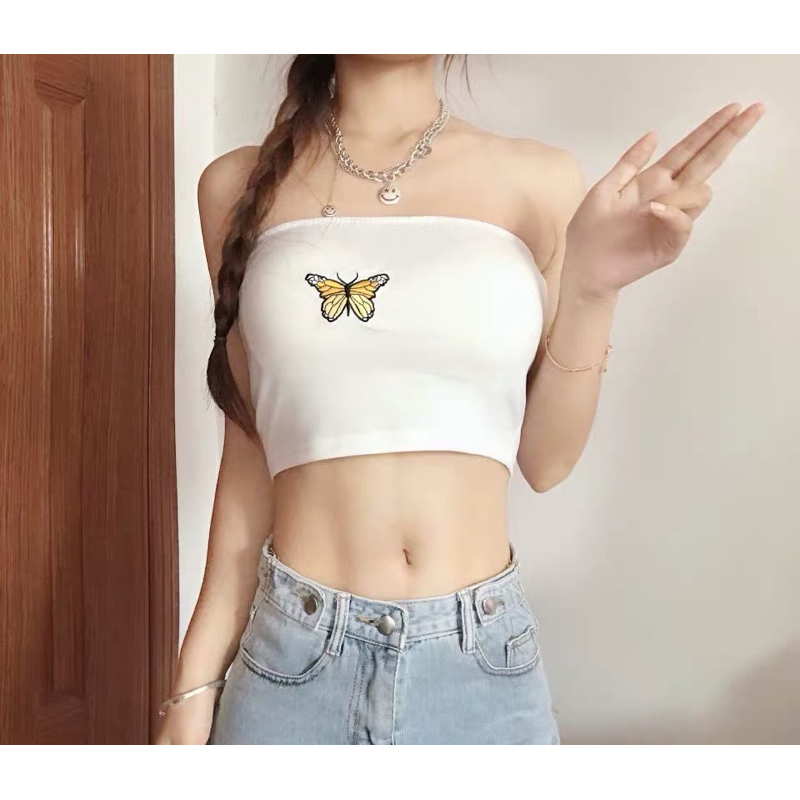 ❤️現貨在台 露肩 女神 夜店 仙女 刺繡 背心 蝴蝶 性感 內搭 裹胸 短版 露肚臍 打底 平口 抹胸 上衣-細節圖7