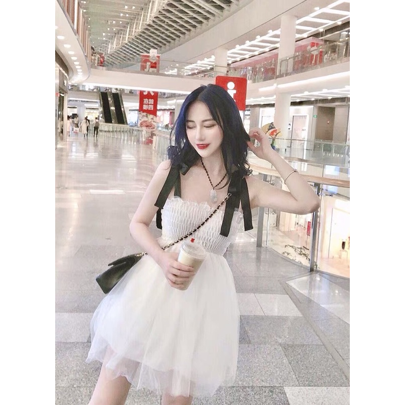 ❤️現貨在台，白 禮服 性感 拼色 吊帶 露肩 鏤空 網紗 抹胸 禮服 蓬蓬裙 連衣裙 洋裝 婚宴 伴娘 顯瘦 平口-細節圖2