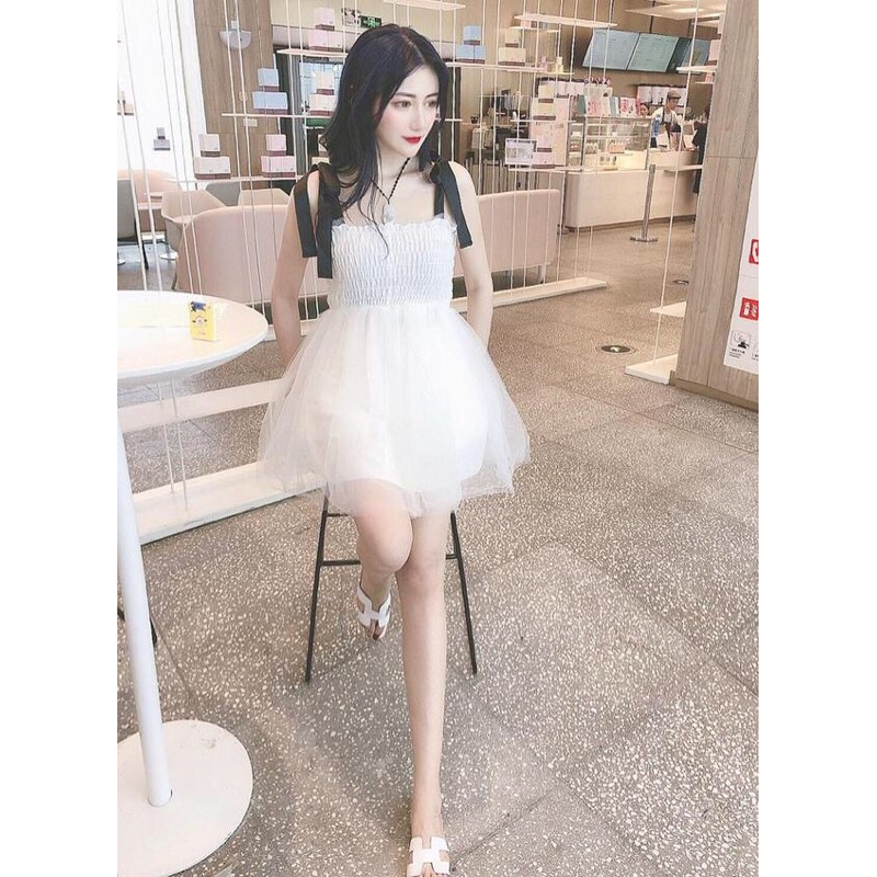 ❤️現貨在台，白 禮服 性感 拼色 吊帶 露肩 鏤空 網紗 抹胸 禮服 蓬蓬裙 連衣裙 洋裝 婚宴 伴娘 顯瘦 平口-細節圖5