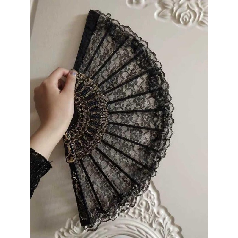 ❤️現貨在台，黑 擺拍 扇子 道具 黑暗 蘿莉  羅麗塔 復古 日式 和風 蕾絲 旗袍 扇-細節圖4
