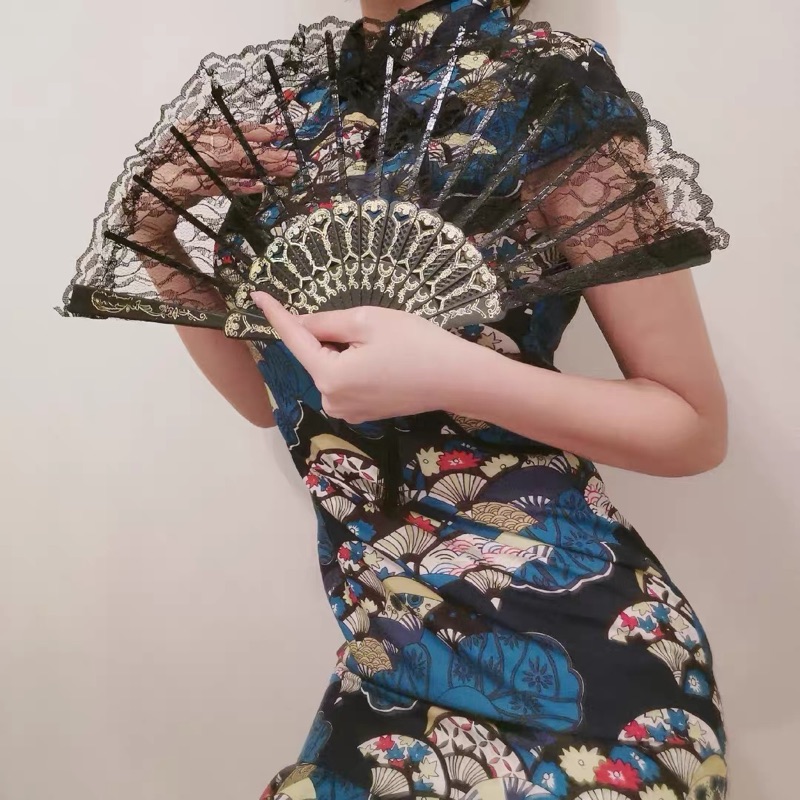 ❤️現貨在台，黑 擺拍 扇子 道具 黑暗 蘿莉  羅麗塔 復古 日式 和風 蕾絲 旗袍 扇-細節圖7