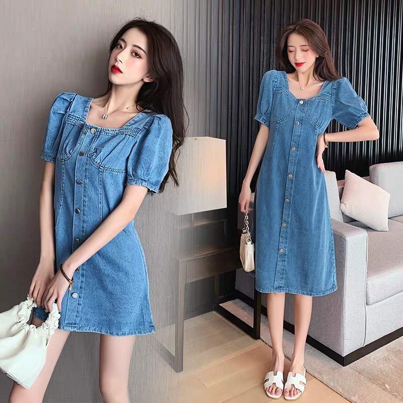 ❤️現貨在台，短裙4XL(M- 4XL) 牛仔裙 泡泡袖 顯瘦 收腰 牛仔 連衣裙 大碼 氣質 女神 長裙 洋裝-細節圖2