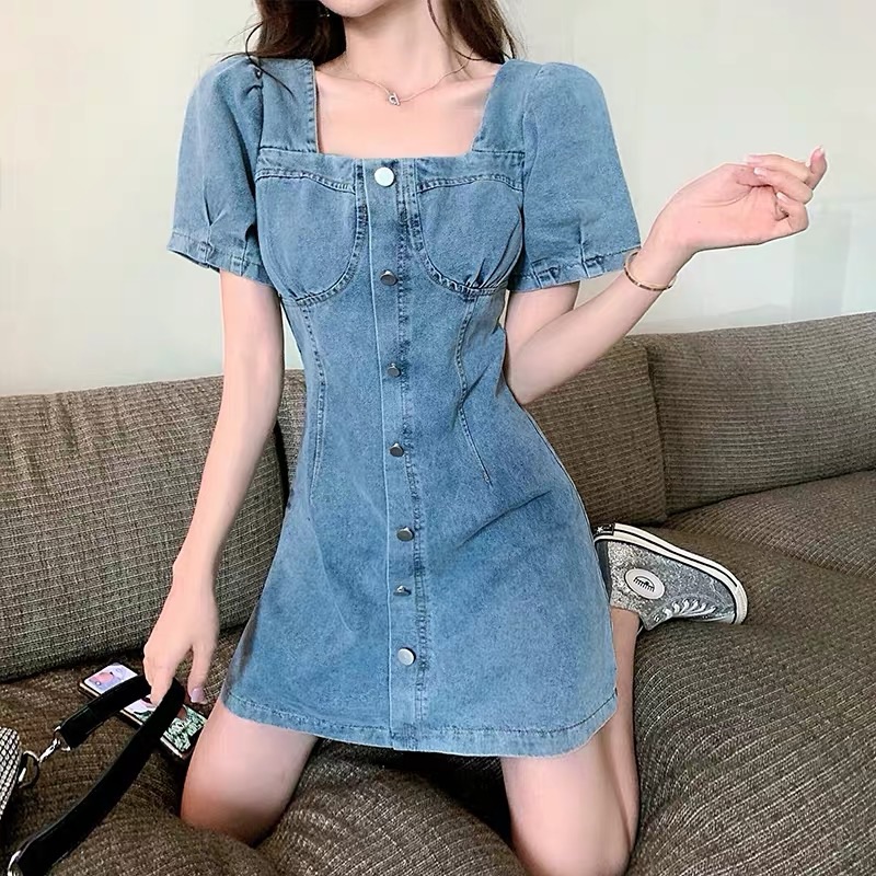 ❤️現貨在台，短裙4XL(M- 4XL) 牛仔裙 泡泡袖 顯瘦 收腰 牛仔 連衣裙 大碼 氣質 女神 長裙 洋裝-細節圖4