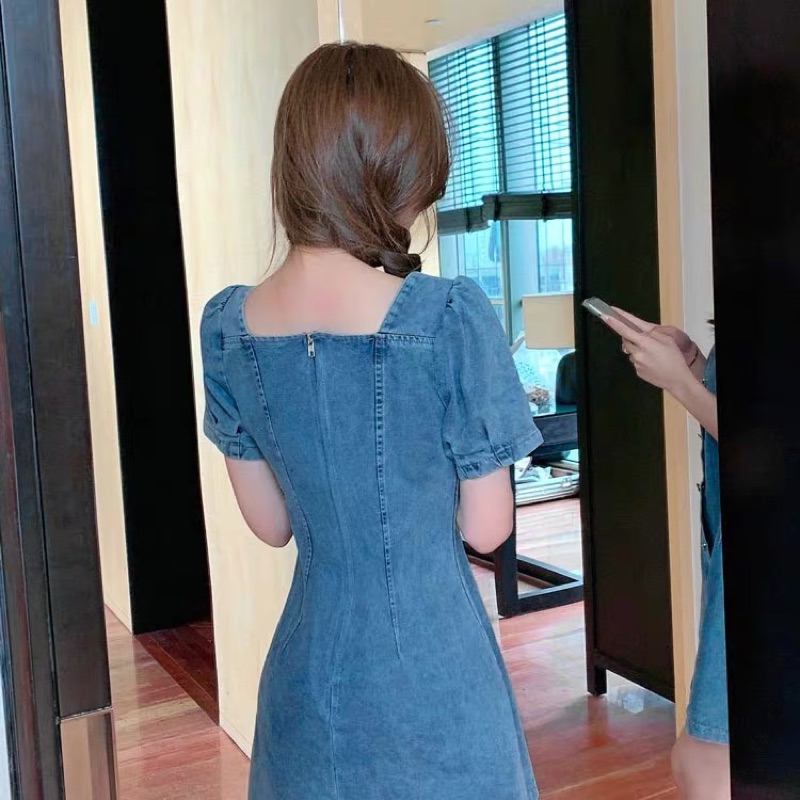 ❤️現貨在台，短裙4XL(M- 4XL) 牛仔裙 泡泡袖 顯瘦 收腰 牛仔 連衣裙 大碼 氣質 女神 長裙 洋裝-細節圖5