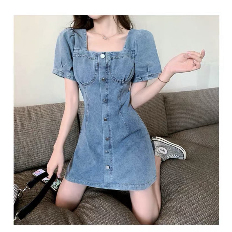 ❤️現貨在台，短裙4XL(M- 4XL) 牛仔裙 泡泡袖 顯瘦 收腰 牛仔 連衣裙 大碼 氣質 女神 長裙 洋裝-細節圖7