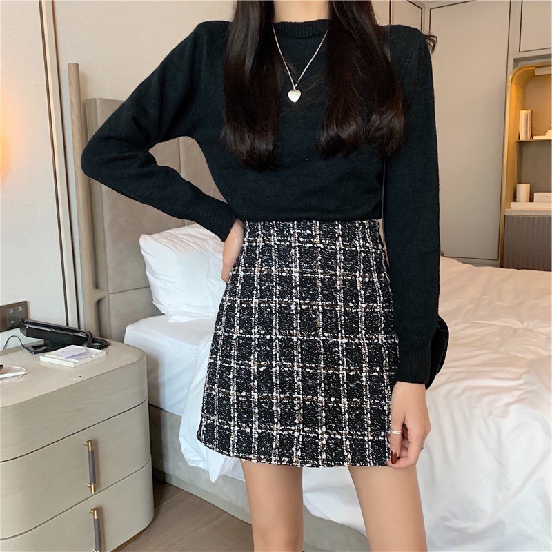 ❤️黑2XL杏3XL 中大尺碼 顯瘦 包臀 大碼 a字裙 半身裙 配毛衣 短裙 格子 毛呢 顯瘦-細節圖5