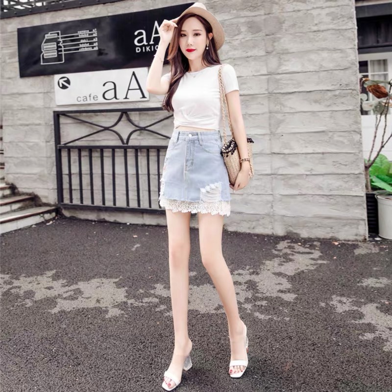 ❤️現貨在台，M 蕾絲 拼接 短裙 牛仔 窄裙-細節圖2