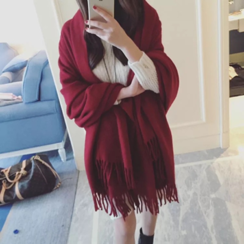 ❤️現貨在台，酒紅 圍巾 流蘇 百搭 披肩 圍脖 保暖 加厚 披風-細節圖3